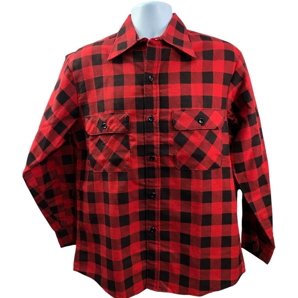 Vintage Sears Perma-Prest Buffalo Plaid Size M Red/Black Long Sleeve Made in USA